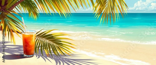 A summer beach with striking palm leaves and cool drinks.