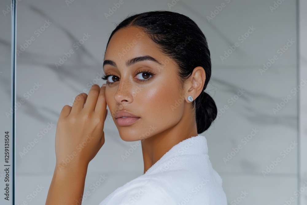 Young hispanic female with elegant updo in white robe against marble background Young hispanic female with elegant updo in white robe against marble background