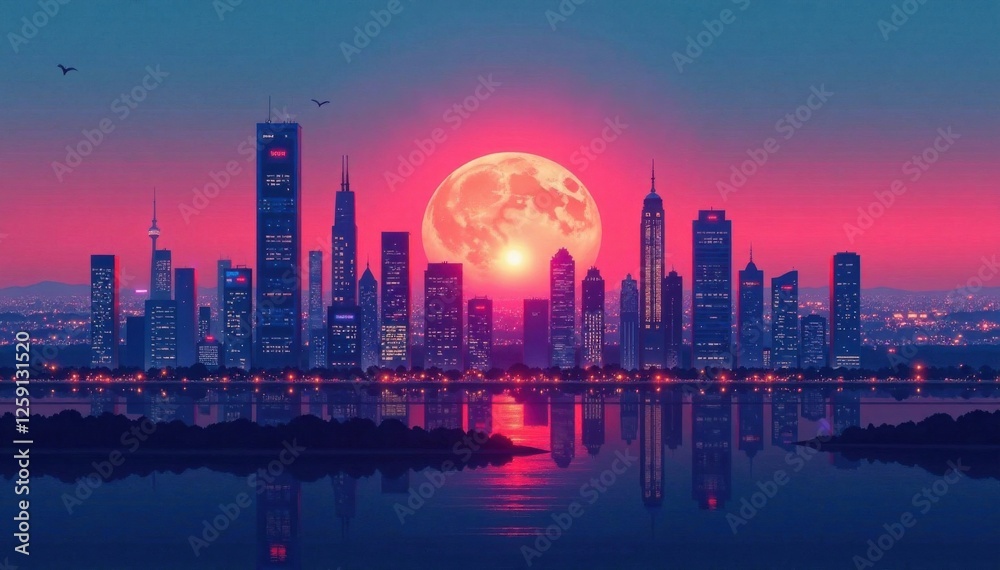 Fototapeta premium Minimalist cityscape at dusk with skyscrapers and abstract patterns, dusk, architecture