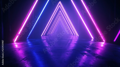 Neon triangle tunnel with vibrant purple and blue glowing lights reflecting on wet floor.