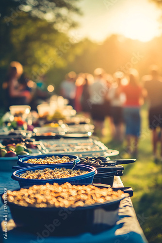 Outdoor buffet spread under the golden sunlight, blurred figures mingling in the background.