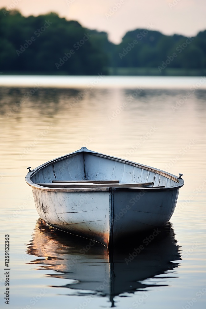 Classic Wooden Boat Floating Calmly on a Serene Lake at Dawn : Generative AI Classic Wooden Boat Floating Calmly on a Serene Lake at Dawn : Generative AI