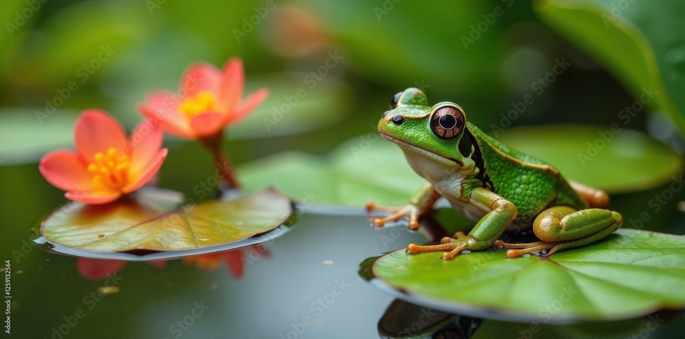 Petite grenouille dans un bassin de fleurs avec des feuilles vertes, nature, flowers, water Petite grenouille dans un bassin de fleurs avec des feuilles vertes, nature, flowers, water