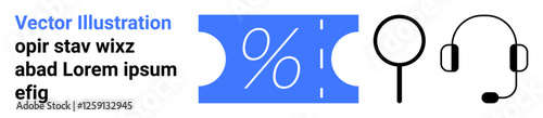 Blue discount coupon with percentage, magnifying glass, and headset icon. Ideal for shopping, sales, customer service, communication, research e-commerce online deals. Abstract line flat metaphor