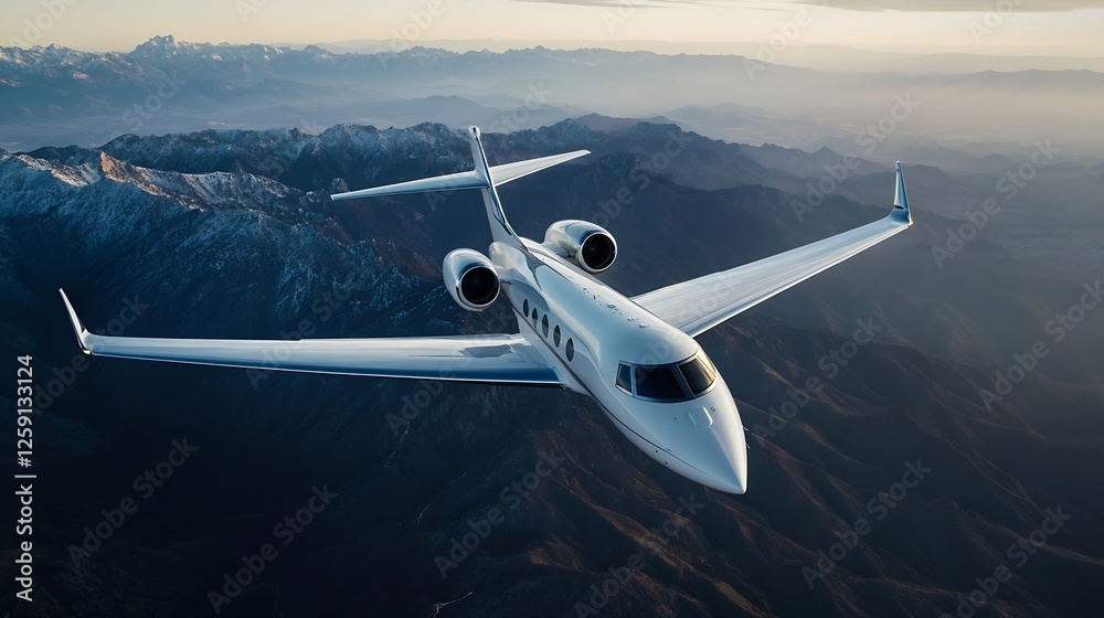 Fototapeta premium Sleek Luxury Private Jet Flying Above Majestic Mountain Range Against Scenic Horizon : Generative AI