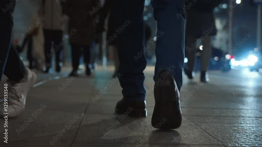 Rear view male feet steps walking street at night. Man wearing dark leather boots walks pedestrian crossing in city backlit car headlights. Low angle people crowd legs going sidewalk, cold weather Rear view male feet steps walking street at night. Man wearing dark leather boots walks pedestrian crossing in city backlit car headlights. Low angle people crowd legs going sidewalk, cold weather