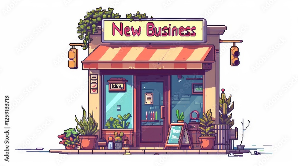 A highly detailed pixel-art storefront featuring a warm and inviting atmosphere with decorative greenery and a classic awning. A nostalgic nod to small businesses. AI generated.