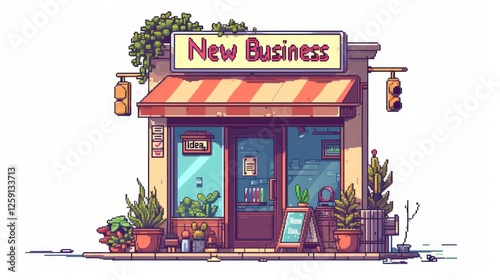 Obraz na płótnie A highly detailed pixel-art storefront featuring a warm and inviting atmosphere with decorative greenery and a classic awning. A nostalgic nod to small businesses. AI generated. w salonie
