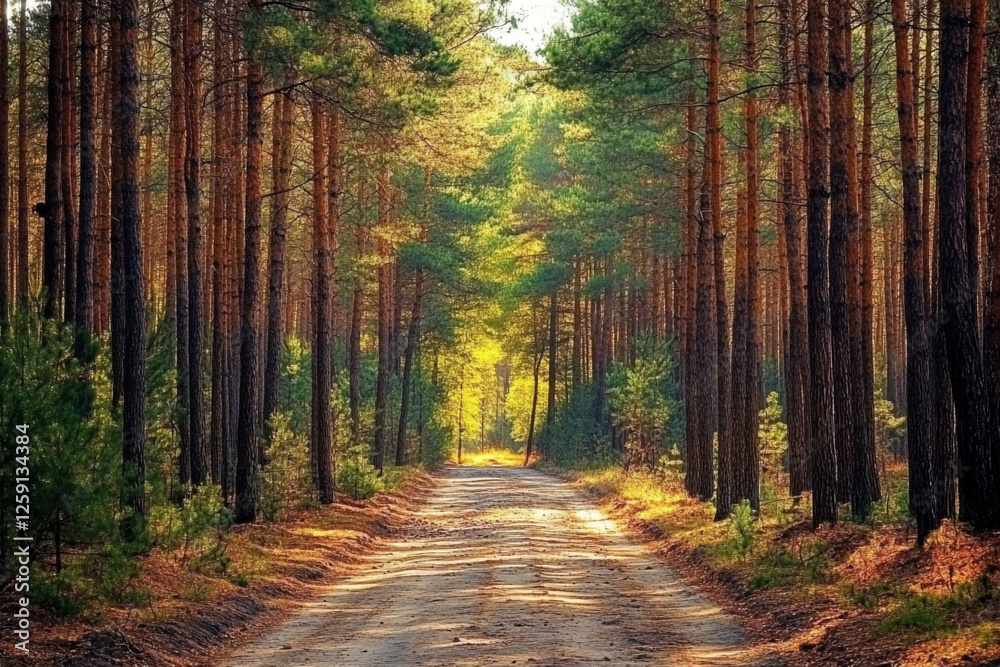 Fototapeta premium A close up of a dirt road in a forest with tall trees