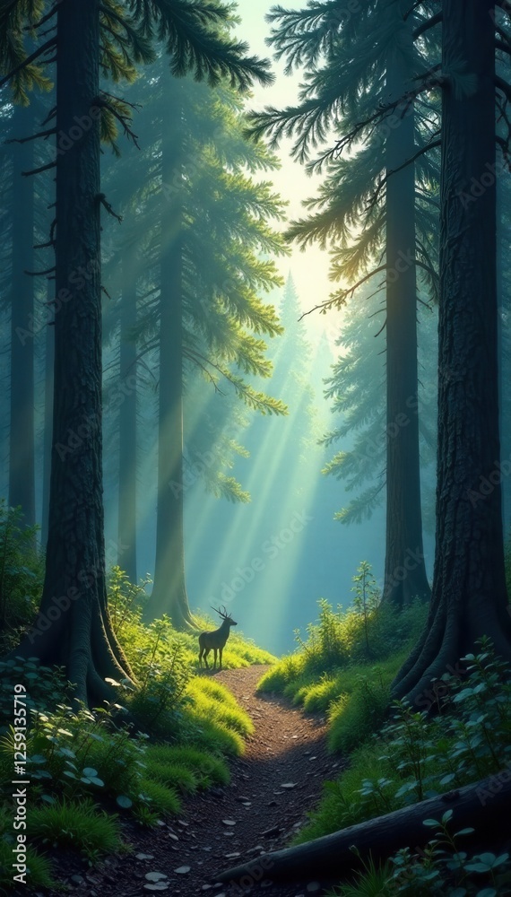 Naklejka premium Mysterious forest with tall trees and wildlife, green, wild