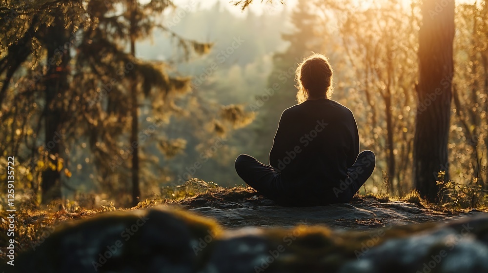 Calm and Peaceful Female Figure Meditating in Nature Surrounded by Trees and Light : Generative AI Calm and Peaceful Female Figure Meditating in Nature Surrounded by Trees and Light : Generative AI