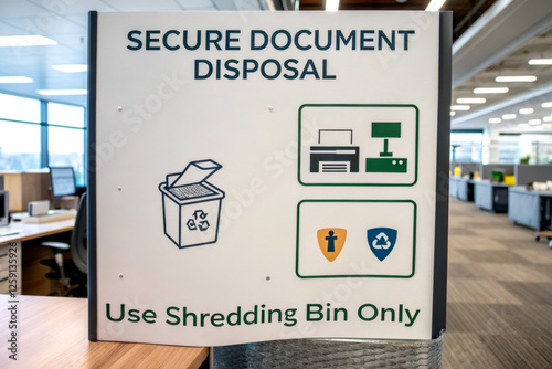 A sign indicating secure document disposal procedures, highlighting the use of a shredding bin for sensitive materials in an office environment.