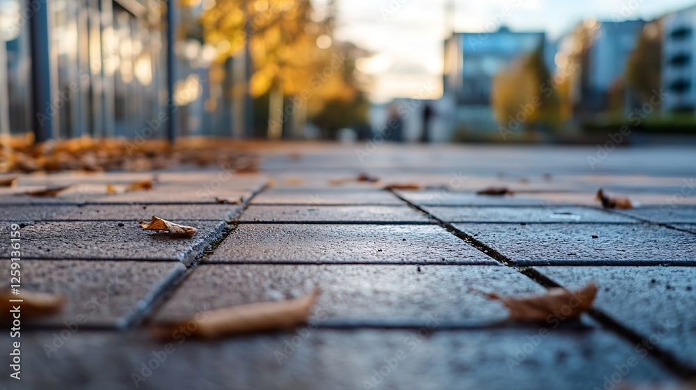 Fototapeta premium Autumn Leaves on Wet Pavement under Soft Morning Light in Urban Setting : Generative AI
