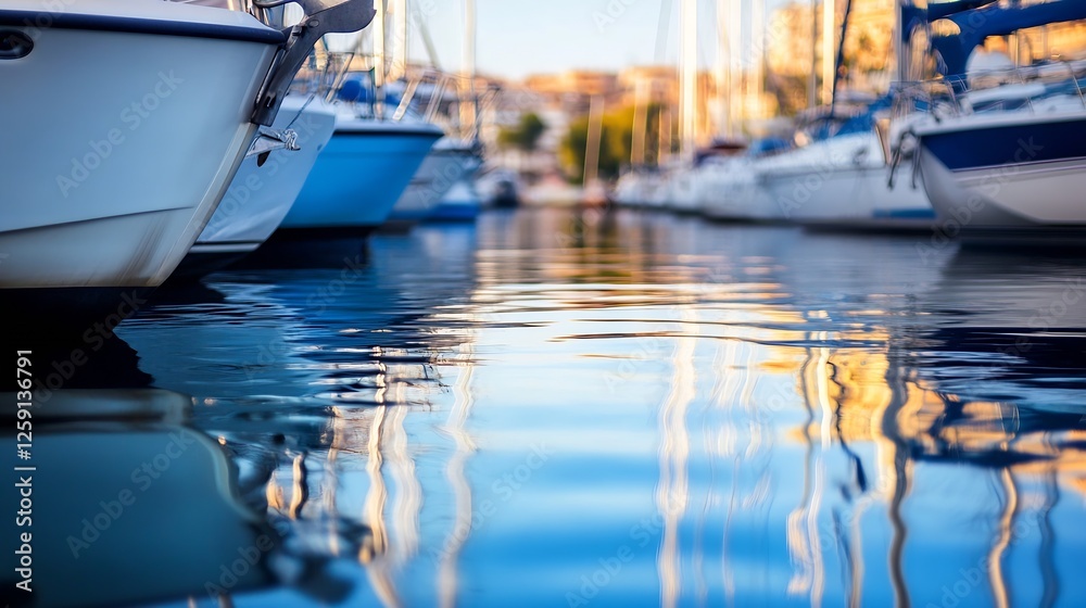 Sailboats moored in peaceful marina with shimmering reflection in calm water during sunset : Generative AI Sailboats moored in peaceful marina with shimmering reflection in calm water during sunset : Generative AI