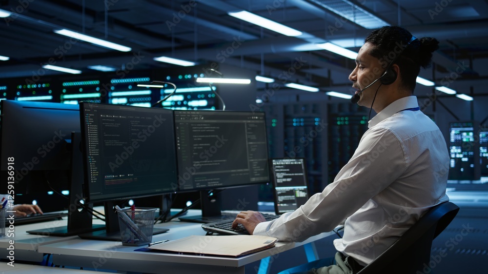 Data center computer scientist wearing mic headset, doing installation of networking equipment. Server hub IT professional talking in microphone with system administrators, camera B Data center computer scientist wearing mic headset, doing installation of networking equipment. Server hub IT professional talking in microphone with system administrators, camera B