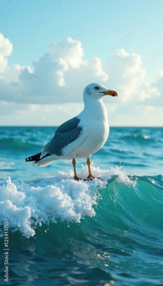 Seagull perched on ocean wave crest, bird, rock, shoreline Seagull perched on ocean wave crest, bird, rock, shoreline