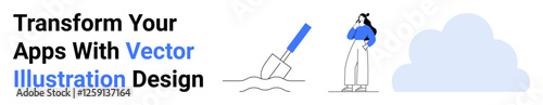 Spade digging ground, thoughtful individual, large cloud symbolizing digital tools, ideas, and growth. Ideal for creativity, design services, app branding, teamwork productivity problem-solving