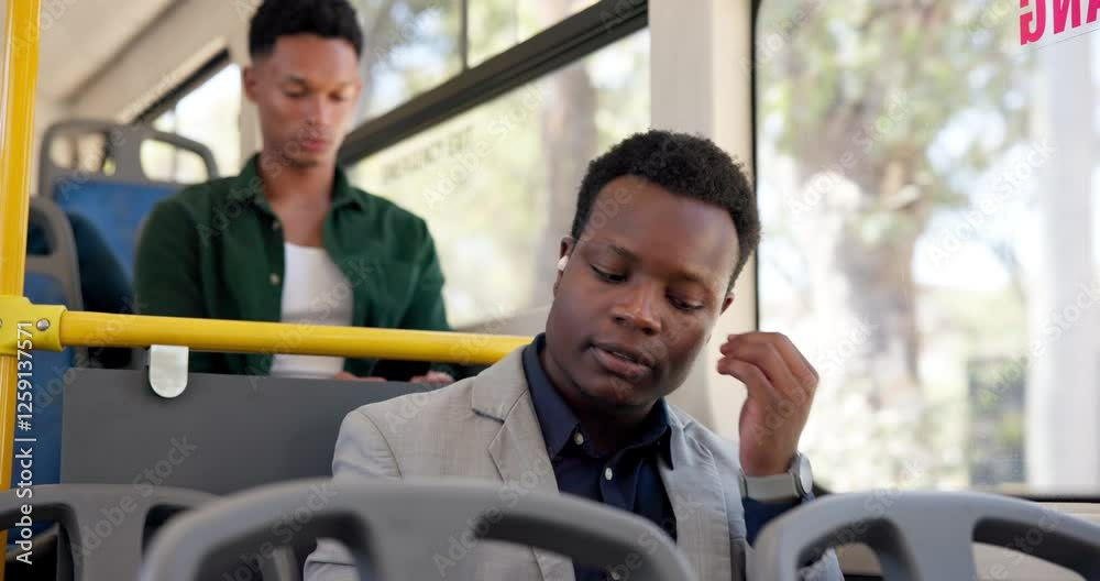 Businessman, music and smile on bus for travel, public transport and relax on commute. People, passengers and morning in city for journey, podcast or streaming media with free connectivity on earbuds