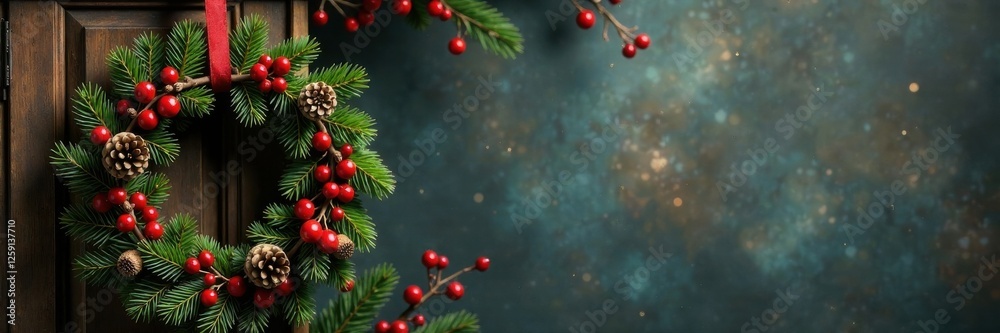 Ornate festive wreath with red berries and pinecones hung from a wooden hook, evergreen, decoration, pinecones Ornate festive wreath with red berries and pinecones hung from a wooden hook, evergreen, decoration, pinecones