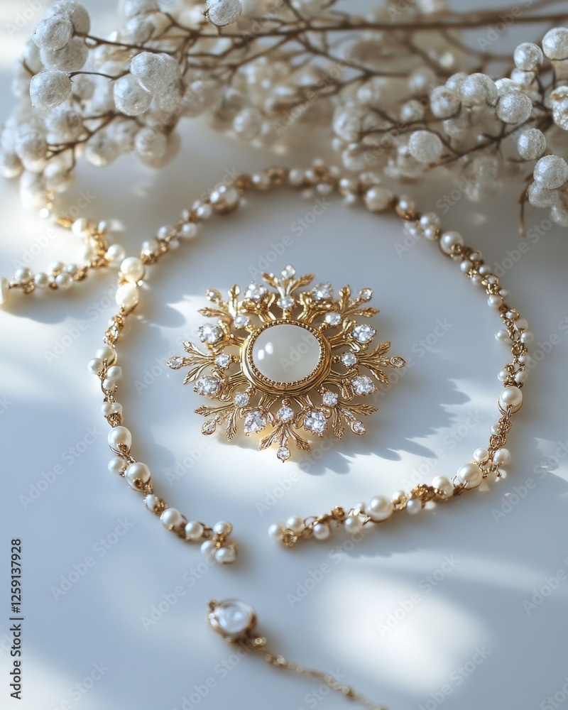 Elegant pearl necklace and brooch on white surface with dried flowers Elegant pearl necklace and brooch on white surface with dried flowers