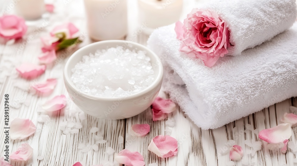 Relaxing spa setting with rose petals and bath accessories for self care : Generative AI Relaxing spa setting with rose petals and bath accessories for self care : Generative AI