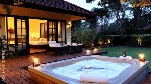 Wallpaper Mural Romantic resort bungalow with an outdoor bathtub and candlelit ambiance. Torontodigital.ca