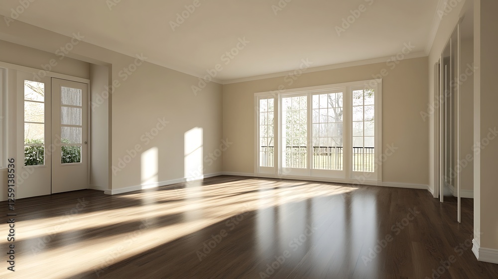 Fototapeta premium Bright and airy empty room with large windows allowing natural light to fill the space : Generative AI
