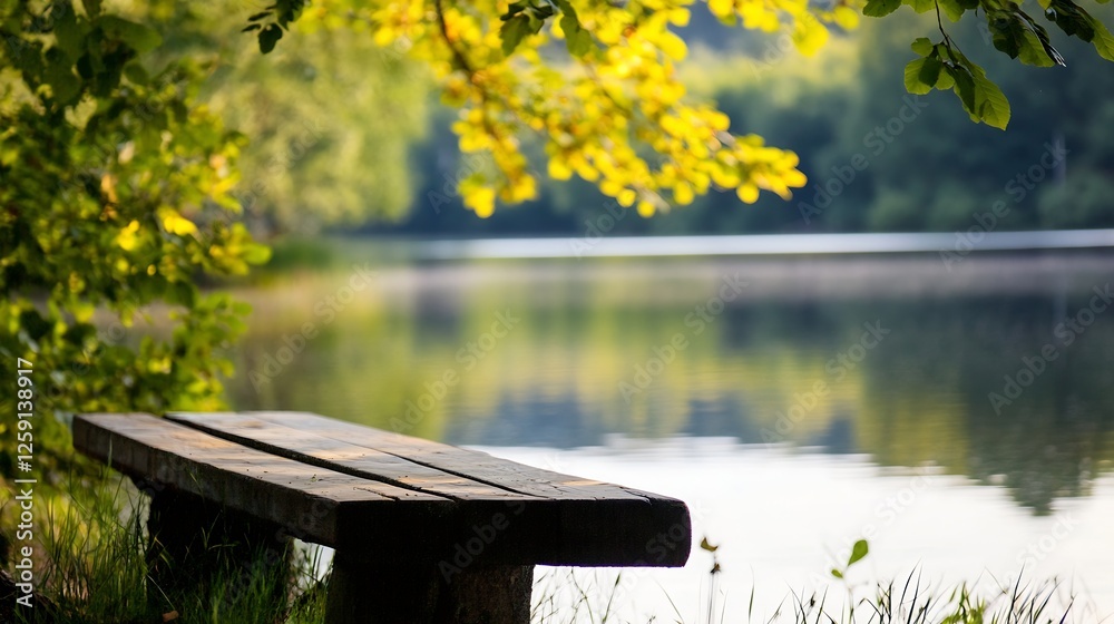Naklejka premium Serene lakeside wooden bench surrounded by lush greenery under a bright sunny sky : Generative AI