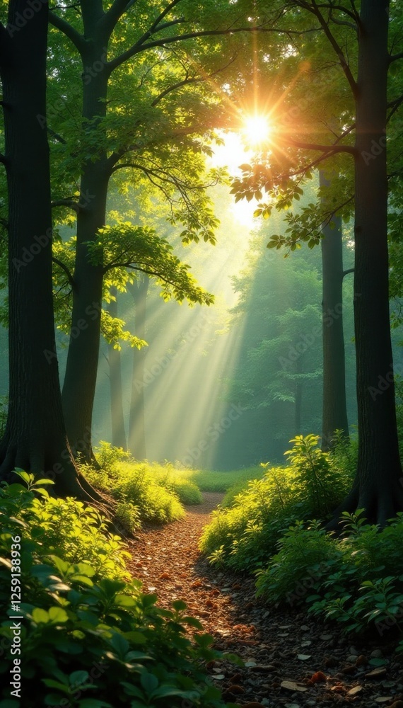 Fototapeta premium Panorama with sunlight filtering through trees, scenery, sunlight, sunlight rays