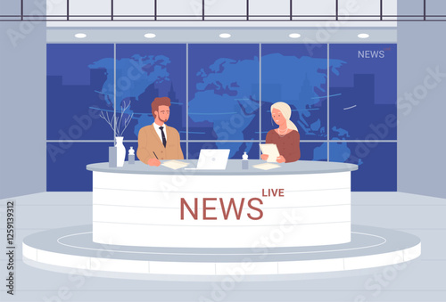 A modern and contemporary news studio showcasing male and female anchors working collaboratively at a news desk vector illustration