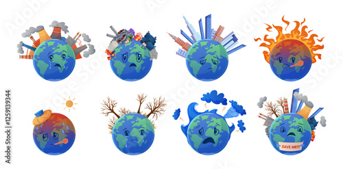 Cute planet Earth characters in need of rescue and help set. Sad globes emoji with world map cry with tears, suffering from global warming and storms, dirty environment cartoon vector illustration