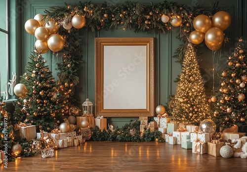 A wide photography backdrop with wooden flooring, decorated for Christmas in neutral tones of light brown and beige.
