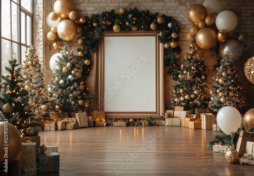 A wide photography backdrop with wooden flooring, decorated for Christmas in neutral tones of light brown and beige.