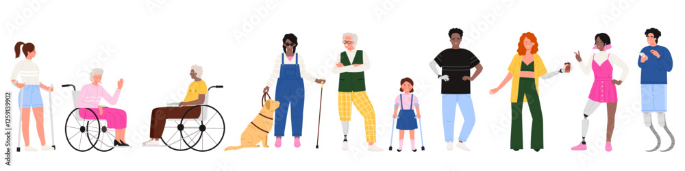 Vector illustration of diverse individuals with disabilities, including people using wheelchairs, crutches, prosthetic limbs, and guide dogs. Represents inclusivity, accessibility, and empowerment. Vector illustration of diverse individuals with disabilities, including people using wheelchairs, crutches, prosthetic limbs, and guide dogs. Represents inclusivity, accessibility, and empowerment.
