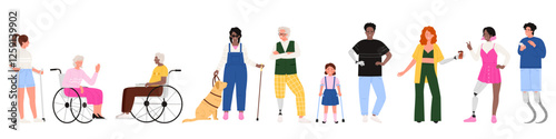 Vector illustration of diverse individuals with disabilities, including people using wheelchairs, crutches, prosthetic limbs, and guide dogs. Represents inclusivity, accessibility, and empowerment.
