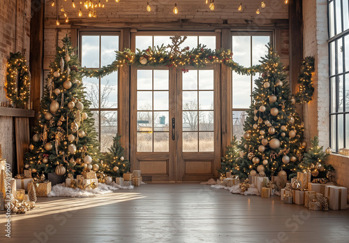 A wide photography backdrop with wooden flooring, decorated for Christmas in neutral tones of light brown and beige.