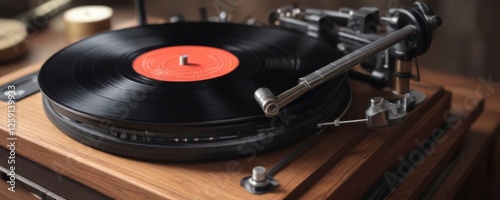 Phonograph with vintage vinyl records and needle on groove, recording, groove, needle