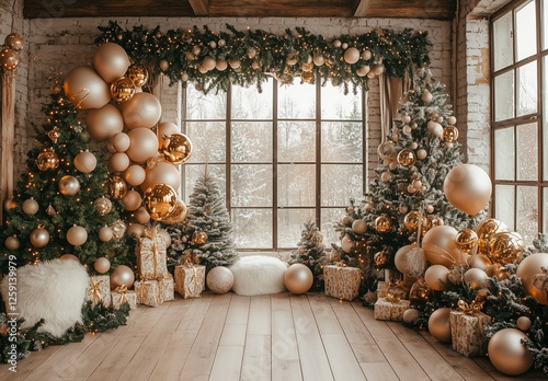 A wide photography backdrop with wooden flooring, decorated for Christmas in neutral tones of light brown and beige.