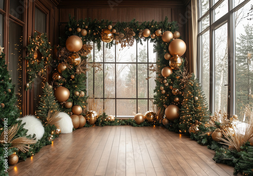 A wide photography backdrop with wooden flooring, decorated for Christmas in neutral tones of light brown and beige.