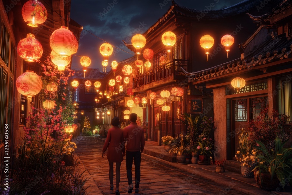 Couple strolling down lantern-lit Chinese alley at night Couple strolling down lantern-lit Chinese alley at night