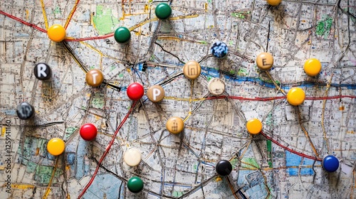 Travel planning board with pinned tour itineraries and famous attractions marked.