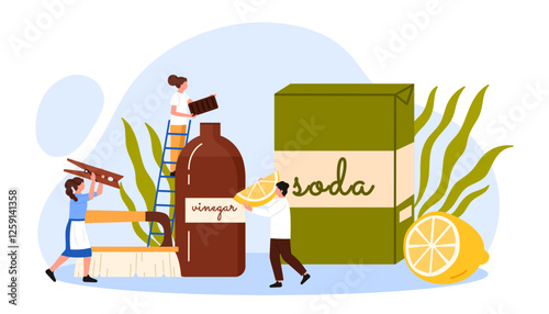 Eco friendly cleaning service with biodegradable cleaners and natural ecologic detergents. Tiny specialists clean dirty household surfaces with organic vinegar and soda cartoon vector illustration