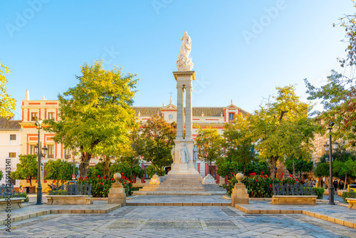 The Monumento a la Inmaculada Concepcion, or Monument of Immaculate Conception, in Plaza del Triunfo in the Barrio Santa Cruz district of Seville, Spain.