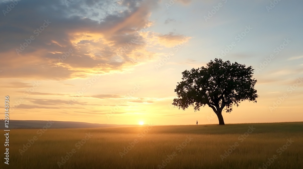 Solitary Tree on a Horizon at Sunset in a Beautiful Open Field : Generative AI Solitary Tree on a Horizon at Sunset in a Beautiful Open Field : Generative AI