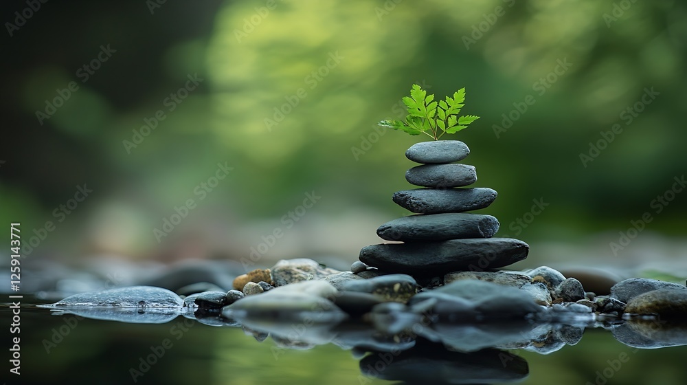 Stacked smooth stones with a green sprout symbolizing balance harmony and resilience in nature : Generative AI Stacked smooth stones with a green sprout symbolizing balance harmony and resilience in nature : Generative AI