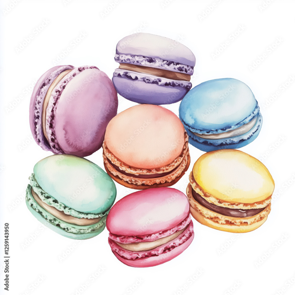 Fototapeta premium Watercolor illustration of colorful macarons isolated on white background
