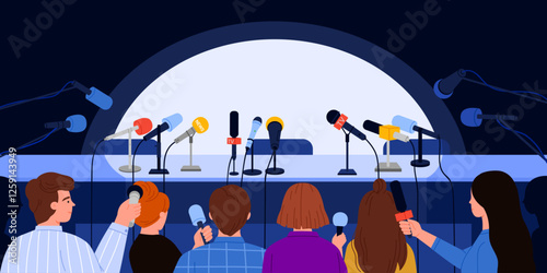 Press conference, interview in auditorium with table, crowd of journalists with microphones waiting for speaker. TV reportage, news announcement, interview for mass media cartoon vector illustration