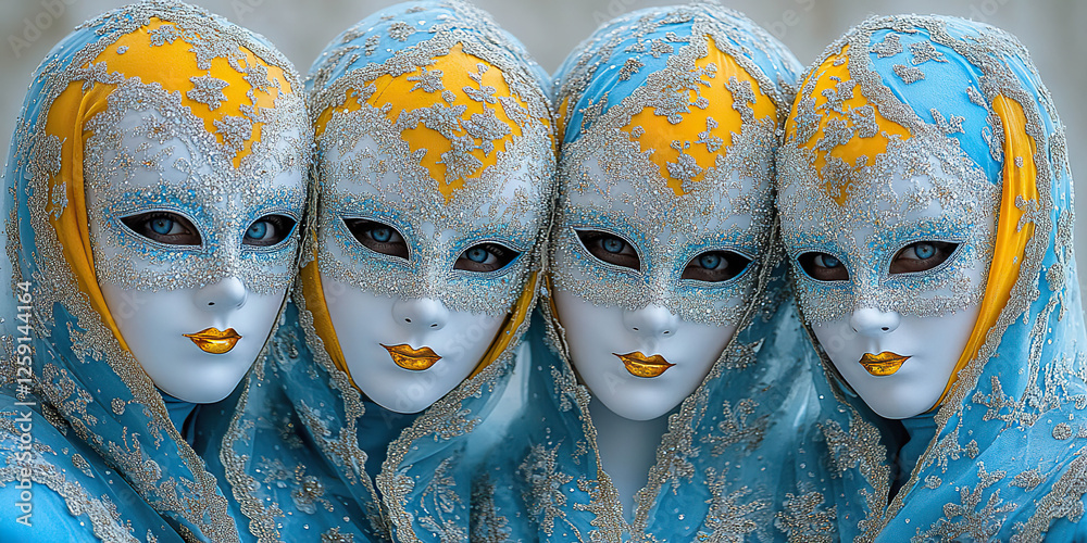 Obraz premium Four people wearing sky-blue and gold masks adorned with shiny silver details. Generated with AI