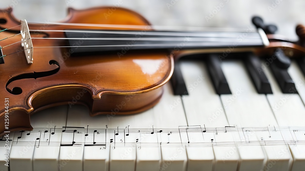 Close-Up of a Beautiful Wooden Violin on Piano Keys with Musical Notes : Generative AI