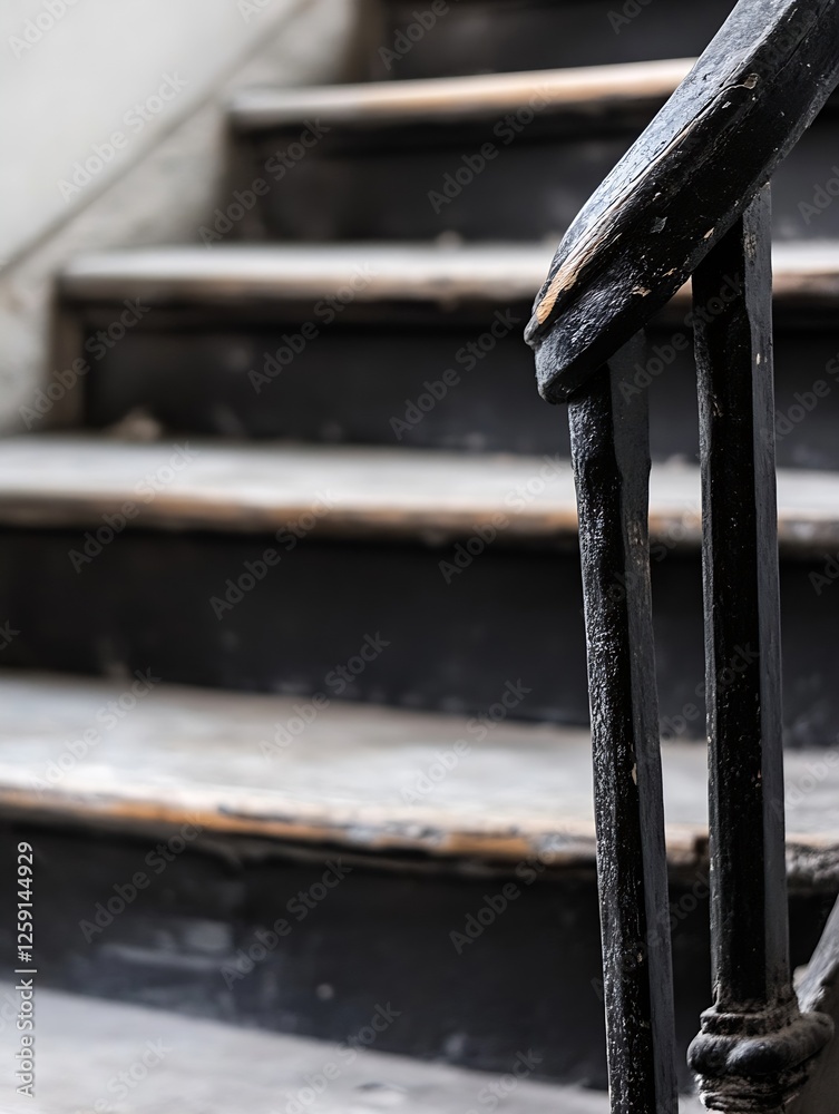 Close-Up of Worn Wooden Staircase with Black Iron Railings Showing a Timeless Charm : Generative AI Close-Up of Worn Wooden Staircase with Black Iron Railings Showing a Timeless Charm : Generative AI